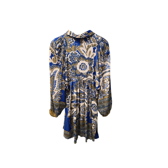 Free People "Say You Love Me" Mini Flowy Dress V Neck L/S Blue White Gold - Picture 2 of 6
